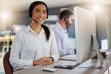 Image showing Call center, consulting and portrait with woman in office for communication, customer service or help desk. Telemarketing, sales and advice with female employee for commitment, contact us and hotline