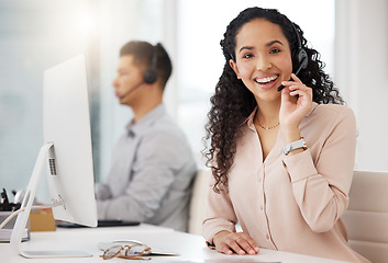 Image showing Woman, portrait and call center agent working on computer in an office, startup or telemarketing company. Happy, person and job in customer service, support or consulting work, crm or communication