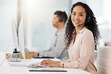 Image showing Portrait, call center and computer with a woman consultant working in her office for support or assistance. Customer service, contact us or crm with a happy female employee consulting using a headset