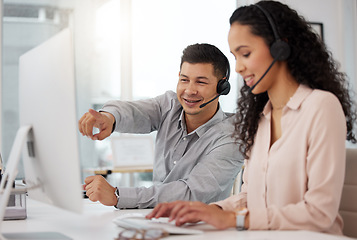 Image showing Business people, call center and coaching for teamwork in customer service, support or telemarketing at office. Businessman training staff or woman in contact us, marketing or telesales at workplace