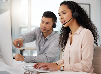 Image showing Business people, call center and coaching on computer in customer service, support or telemarketing at office. Businessman training staff or woman in contact us, marketing or telesales at workplace