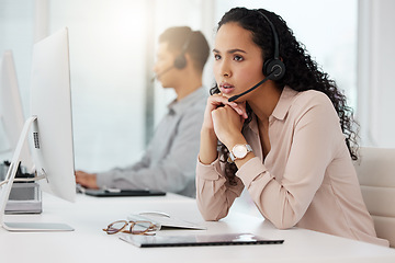 Image showing Business woman, call center and frustrated in burnout, stress or customer service at office. Annoyed and tired female person, consultant or agent talking to difficult client or complaint at workplace