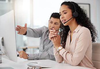 Image showing Business people, call center and coaching team in customer service, support or telemarketing at the office. Businessman training staff or woman in contact us, marketing or telesales at the workplace