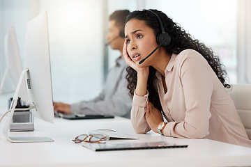 Image showing Business woman, call center and frustrated in anxiety, stress or customer service at office. Annoyed female person or consultant agent talking to difficult client or complaint in burnout at workplace