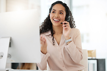 Image showing Business woman, call center and smile in customer service, support or telemarketing at office. Happy and friendly female person, consultant or agent smiling in online advice or telesales at workplace