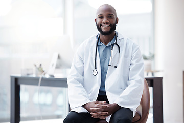 Image showing Portrait, doctor and black man with a smile, innovation and stethoscope with success, happiness and career. Face, male person and employee with medical equipment, healthcare research and professional