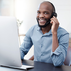 Image showing Black man, callcenter with phone call and computer, communication with headset and contact us in office. Male consultant in portrait, customer service and tech support with help desk worker and smile