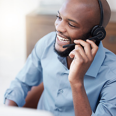 Image showing Black man, call center and happy agent working on computer in the office, business in telemarketing or customer service. Businessman, face with smile and crm, conversation with client on help desk