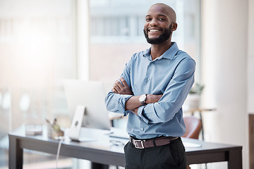 Image showing Black man in business, arms crossed and smile in portrait with confidence, mockup space and professional mindset. Career mission, ambition and empowered happy male employee in corporate workplace