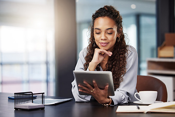 Image showing Tablet, search and business woman in office for social media, networking or website. Communication, internet and technology with female employee in digital agency for entrepreneur, email and planning