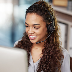 Image showing Call center communication, computer or happy woman typing at telecom customer services office job. Microphone, face or friendly sales agent consulting, speaking or talking in tech support help desk