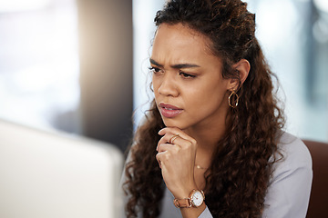 Image showing Doubt, confused or woman thinking on computer solution, research or serious job decision or planning. Reading, reviewing business ideas or frustrated analyst for problem solving on digital technology