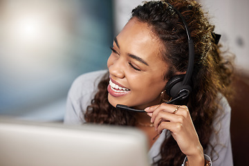 Image showing Funny, headset or happy woman in call center for communication at telecom customer service. Microphone, smile or friendly sales agent consulting, talking or laughing at joke in tech support help desk