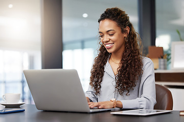 Image showing Happy, laptop and search with business woman in office for social media, networking and corporate. Smile, planning and technology with employee in digital agency for entrepreneur, internet and email