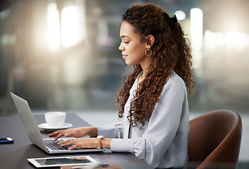 Image showing Focus, laptop and search with business woman in office for social media, networking and corporate. Website, planning and technology with employee in digital agency for entrepreneur, internet or email