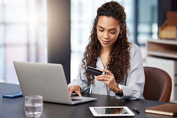 Image showing Credit card, online shopping or businesswoman typing on laptop for payment on ecommerce website in office. Worker, website or financial trader trading with digital money on internet via fintech