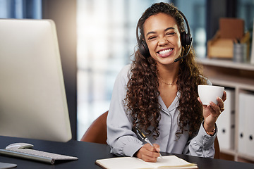 Image showing Call center portrait, coffee or happy woman at customer service office with drinks or smile to relax. Microphone, lunch break or friendly sales agent drinking tea or writing notes in tech support