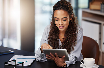 Image showing Tablet, focus and business woman in office for social media, networking or website. Communication, internet and technology with female employee in digital agency for entrepreneur, email and planning