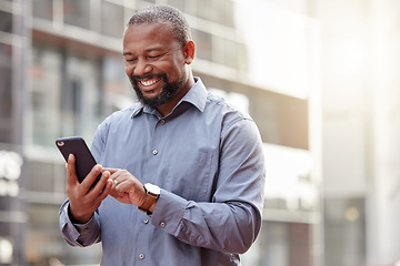 Image showing Phone, text message a senior business black man in the city, typing an email while commuting to work. Mobile, contact and social media with a happy mature male employee networking in an urban town