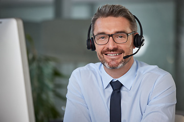 Image showing Businessman, call center and portrait smile in telemarketing, customer service or support at office. Happy man, consultant or agent smiling with headphones for online advice or telesales at workplace