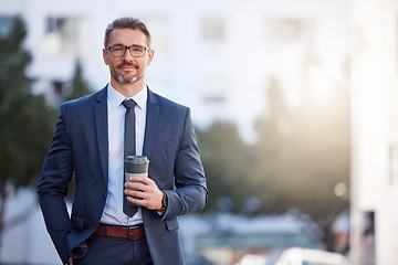 Image showing Portrait, coffee and man in the city, business and confident guy with startup success, career and formal. Face, male person or employee with tea, outdoor or professional with skills, ceo or corporate