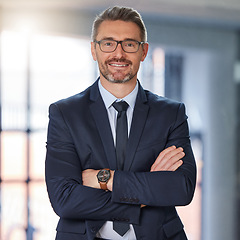 Image showing Happy, businessman and portrait of CEO with arms crossed in confidence for corporate management. Confident senior man executive with smile for business leadership, company goals or boss at workplace