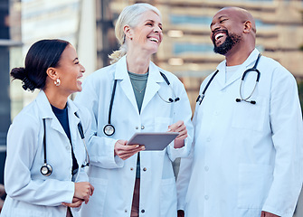 Image showing Doctor, laughing team and healthcare staff with tablet and funny joke of medical group. Diversity, technology and laugh of hospital and wellness clinic worker together with happiness and tech results