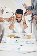 Image showing Business, employee and man with a headache, multitasking and stress with documents, deadline or schedule. Male person, consultant or company director with a migraine, overworked or burnout with chaos