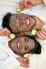 Image showing Facial, spa and smile with portrait of couple for skincare, cosmetics and detox from above. Beauty, relax and self care with man and woman with clay mask at home for salon, wellness and cucumber