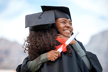 Image showing Graduation hug, education and women with certificate for scholarship, achievement or school success. Happy, affection and friends or students hugging with a smile to celebrate a diploma from college