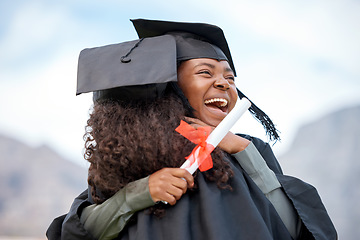 Image showing Graduation hug, excited and women with certificate for scholarship, achievement or school success. Happy, affection and friends or students hugging with a smile to celebrate a diploma from college