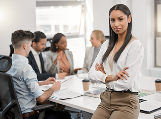 Image showing Portrait, woman and accountant with arms crossed for business, leadership and office meeting. Face, confidence and female entrepreneur, professional and auditor with success mindset for career or job