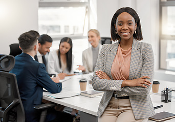 Image showing Portrait, black woman and lawyer with arms crossed for business, leadership and office meeting. Face, confidence and happy African female entrepreneur, professional and attorney with success mindset