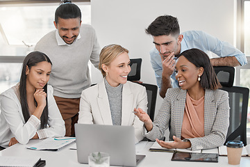 Image showing Laptop, meeting and teamwork of business people in discussion in office. Computer, collaboration and happy group of employees planning strategy, cooperation and brainstorming together for work email.