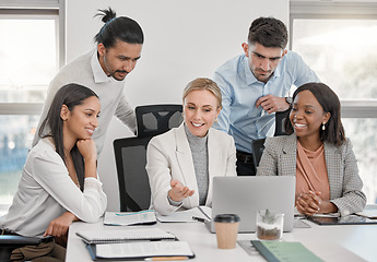 Image showing Accountants, laptop and collaboration of business people in office for meeting. Computer, teamwork and happy group of employees planning strategy, accounting or cooperation together for work email.