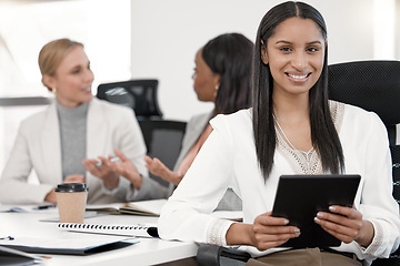 Image showing Portrait, business woman and designer with tablet in corporate office meeting. Face, technology and happy female entrepreneur, professional creative and success mindset for leadership, career and job