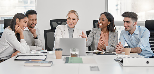 Image showing Laptop, meeting and happy business people with ceo for discussion in corporate office. Computer, teamwork and group of employees with leader talking, planning strategy and brainstorming for email.