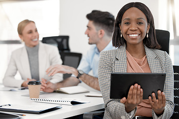 Image showing Portrait, business accountant and black woman with tablet in corporate office meeting. Face, technology and happy African female entrepreneur, professional auditor and success mindset for leadership.