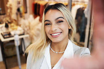 Image showing Woman, portrait and selfie with smartphone with shop in closeup for happiness. Female person, face and selfies at a store with a smile for a sale with beauty to share online with digital app.