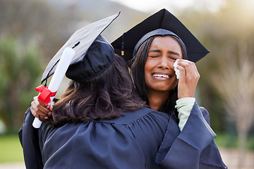 Image showing Education, graduation and crying with friends hugging in support or celebration at a university event. Learning, achievement and hug with students outdoor together to finish their college scholarship