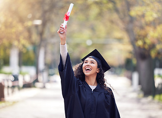 Image showing Success, university woman graduate and celebration outdoors with her certificate. Achievement or victory, college and happy student cheering for education on her graduation day with a lens flare