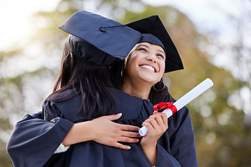 Image showing Graduation, education and woman friends hugging at a university event on campus for celebration. Graduate, certificate and hug with female students together in support of a scholarship achievement