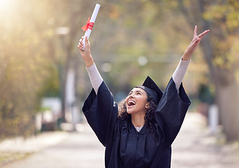 Image showing Success, college student graduate and celebration outdoors with a lens flare. Victory or education, university and happy woman cheering for achievement on her graduation day with certificate