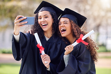 Image showing Graduation, photo and students celebrating academic achievement or graduates together with joy on happy day and outdoors. Friends, certificate and success for degree or excitement and campus picture