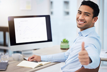 Image showing Businessman, thumbs up and smile portrait with computer screen for seo, sales growth and graph. Happy asian male entrepreneur with tech, hand sign or emoji for support, thank you or goal success