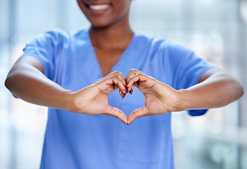 Image showing Closeup, black woman and doctor with a heart hands, support and care with happiness, charity and innovation. Female person, medical professional and employee with love symbol, solidarity and feedback