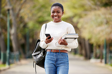 Image showing Portrait, phone and books with a student black woman on her commute to university campus for education. Mobile, social media and contact with a female college pupil checking for her next lecture