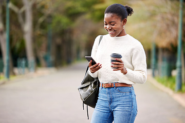 Image showing Phone, coffee and mockup with a student black woman on her commute to university campus for education. Mobile, social media and learning with a female college pupil checking her study schedule