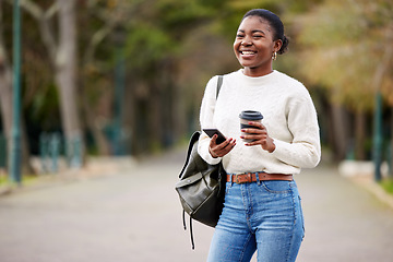 Image showing Phone, books and coffee with an african student woman on her commute to university campus for education. Mobile, social media and drink with a female college pupil thinking about her next lecture