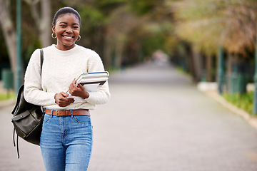 Image showing Black woman, books and portrait of student at college, university or person ready for learning, goals or education. Girl, face and happy learner studying on campus or walking outdoor with backpack